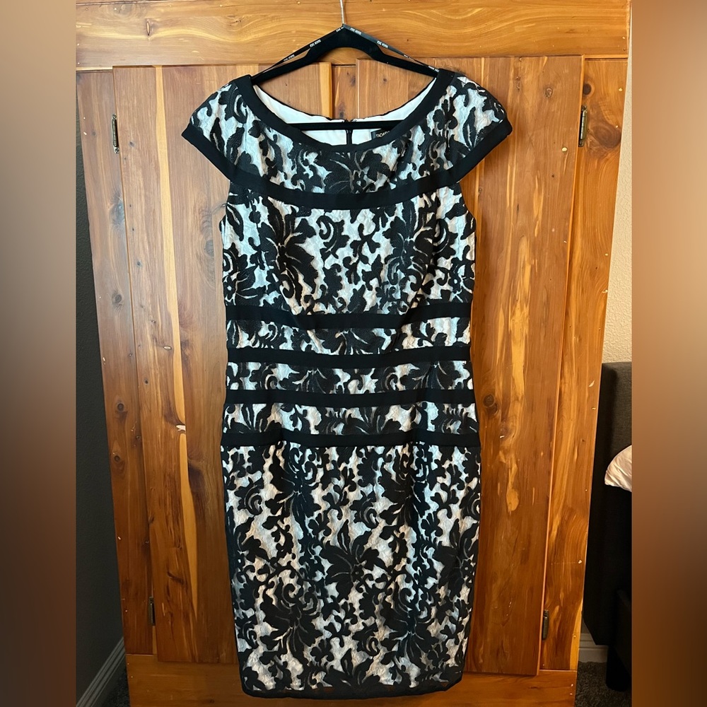 Tadashi Shoji banded embroidered black lace overlay white cocktail dress